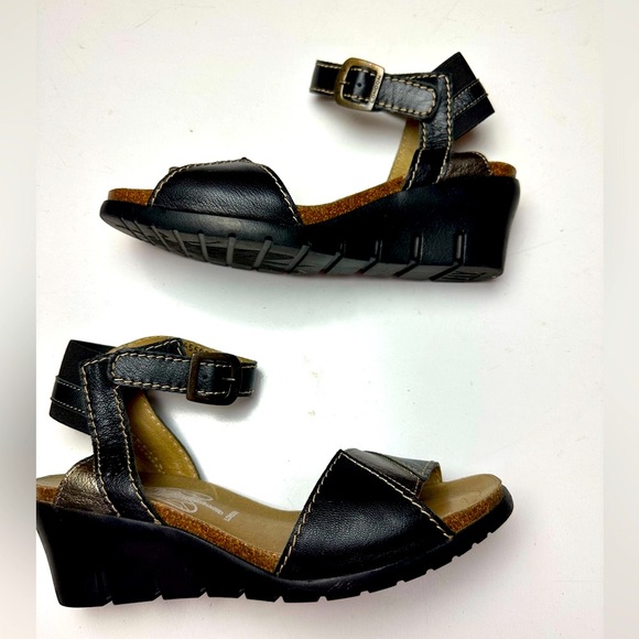 FLY London Imat Leather ColorBlock Metallic/Brown  AnkleStrap Wedge Sandal 7.5-8 - Picture 5 of 16